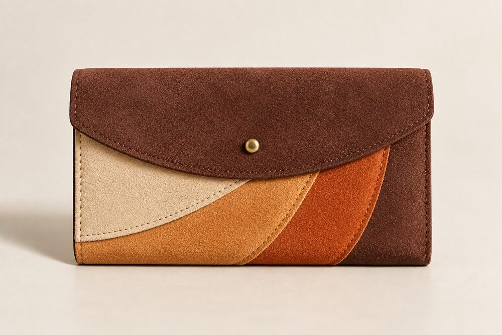 Vintage 70s Suede Patchwork Wallet Brown Orange Boho Western 7"